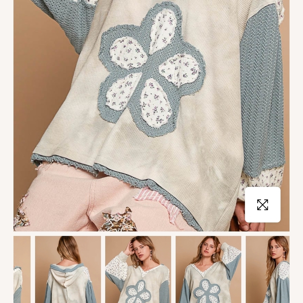 POL Patchwork Floral Hoodie in Gray and Cream